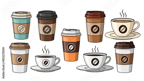 Collection of assorted hot beverages in disposable cups and ceramic mugs on a white background