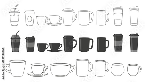 Collection of Various Coffee Cups and Takeaway Containers in Black and White