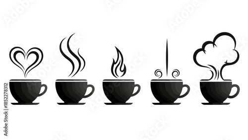 Five cups of coffee with different steam designs, including a heart and an explosion.