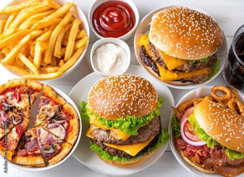 A fast‑food delivery menu backdrop features assorted burgers, cheeseburgers, nuggets, French fries, and fizzy sodas, representing junk food that is ultra‑processed, nutritionally poor, and