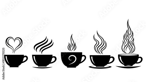Five black coffee cups with steam rising in various artistic shapes, including a heart, swirls, and flames.