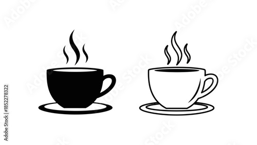 Two cups of hot beverage, one black and white, with steam rising