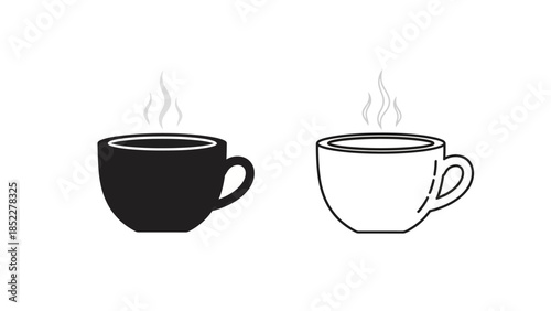 Two coffee cups, one black and one outlined, with steam rising from the top, side view.