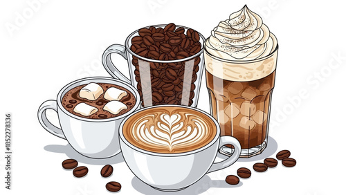 An artistic illustration showcasing a variety of coffee beverages, including latte, iced coffee, and hot chocolate.
