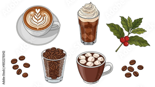 A variety of coffee-related items, including a latte, iced coffee, coffee beans, hot chocolate, and a coffee plant.
