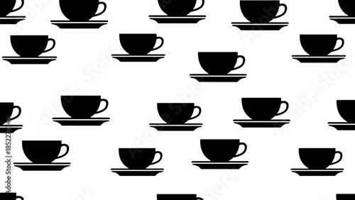 Black coffee cups and saucers arranged in a repeating pattern on a white background.