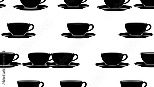 Black teacups and saucers arranged in a repeating pattern against a white background, creating a visual texture.