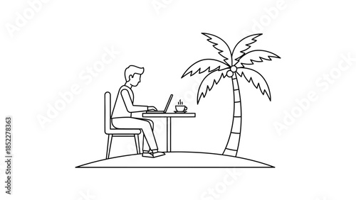 A man sits at a table under a palm tree, working on a laptop with a coffee cup nearby.