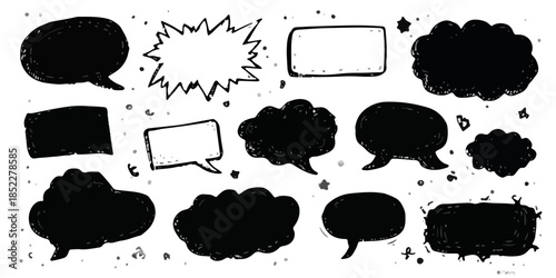 A versatile collection of transparent, hand-drawn, grunge-style speech and thought bubbles for creative communication.