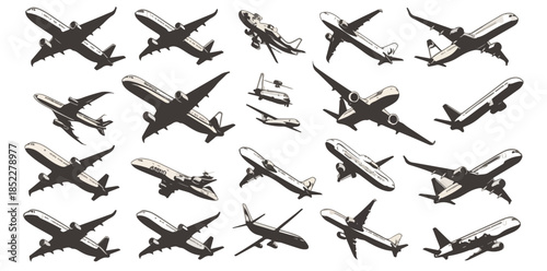 A collection of detailed airplane silhouettes in various flight positions, perfect for transparent vector graphic design elements.