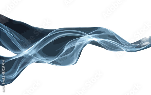 A captivating transparent blue smoke effect with dynamic wavy lines and ethereal fluid motion on a clean white background, creating a modern abstract design.