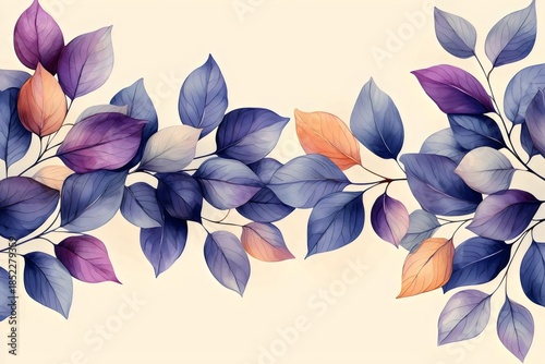 A vibrant border of purple and blue leaves with touches of warm orange, creating a whimsical and artistic look perfect for backgrounds and design projects.