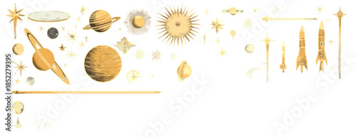 A whimsical golden illustration featuring an array of celestial bodies, including planets, suns, stars, and vintage rockets, designed for a transparent background.