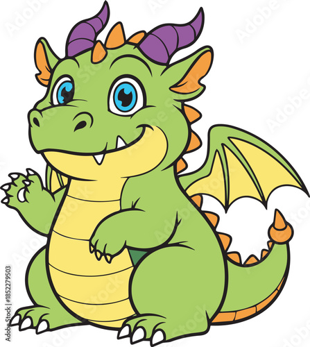 Cute Green Baby Dragon Cartoon Character with Wings Adorable Fantasy Mascot Design