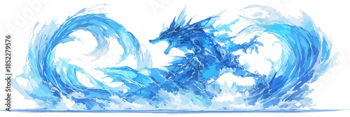 Dynamic blue water dragon with powerful waves, a mythical creature emerging from the ocean, isolated on a transparent background for fantasy graphic design.