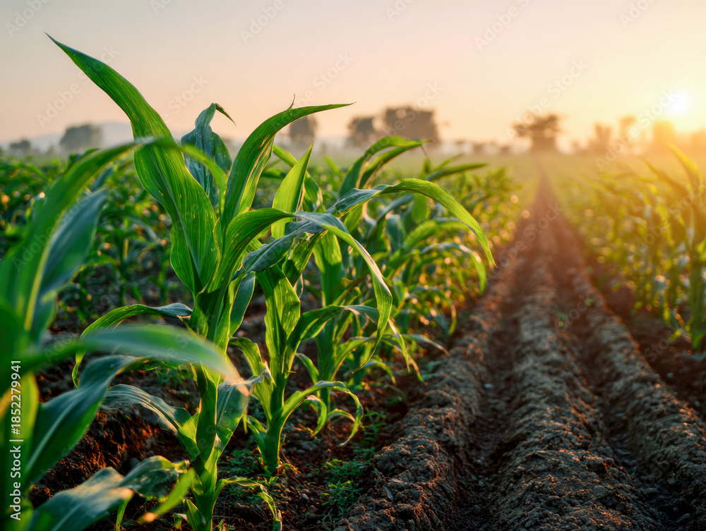 Fototapeta premium green corn field or maize field at agriculture farm in the morning sunrise 