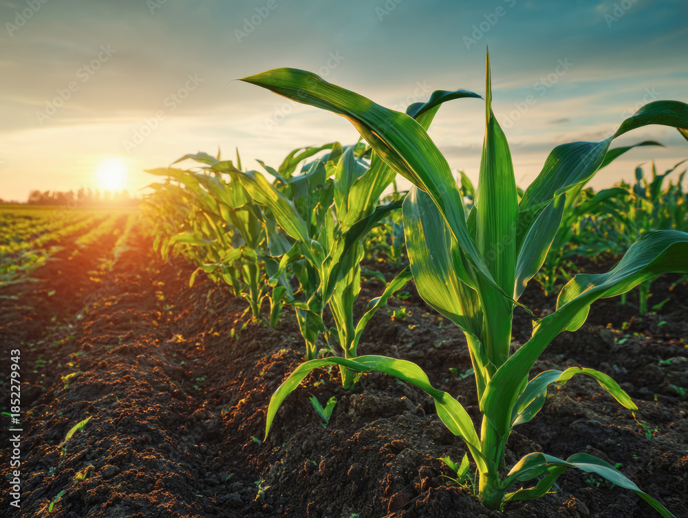 Obraz premium green corn field or maize field at agriculture farm in the morning sunrise
