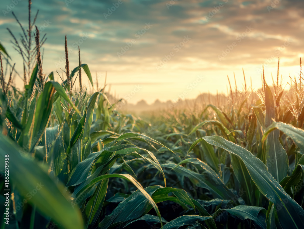 Fototapeta premium green corn field or maize field at agriculture farm in the morning sunrise 