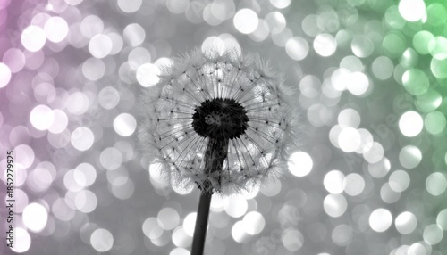 タンポポ 綿毛 モノクローム 繊細 柔らかい 静寂 追憶 ノスタルジー 幻想的 玉ボケ キラキラ 質感 植物 自然 命 儚さ 輝き 背景 クローズアップ 白黒 抽象的