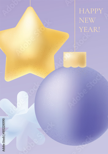 New Year greeting card and decorations on light purple background. New Year greeting card with christmas tree decorations. Christmas tree toy ball, star, snowflake. Happy new year festive vector illus