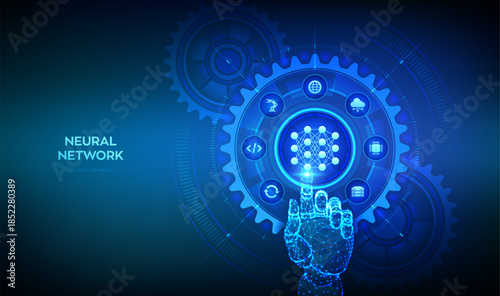 Neural network technology concept. AI. Artificial Intelligence. Machine Learning. Hand touching digital interface with interconnected gears and icons. Deep learning. Big data. Vector illustration.