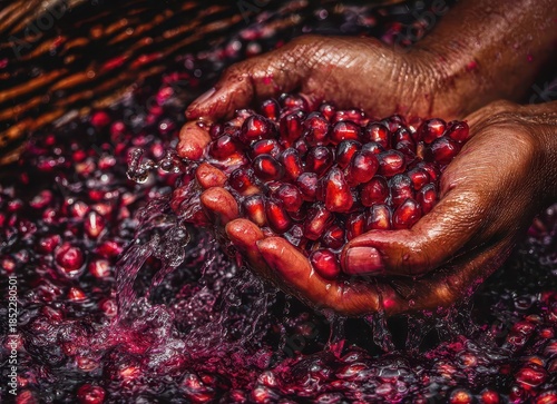 A glass of freshly pressed pomegranate juice, chopped pomegranates, and a pomegranate juicer