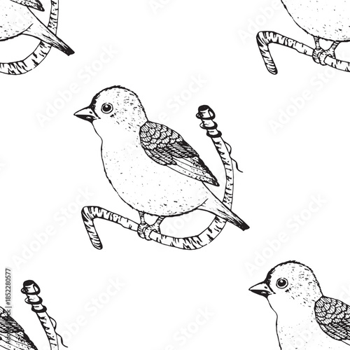 Seamless pattern with funny birds, flowers, leaves. Flat vector illustration with cartoon bird silhouette. Cute characters. Design for invitation, poster, card, textile, fabric.