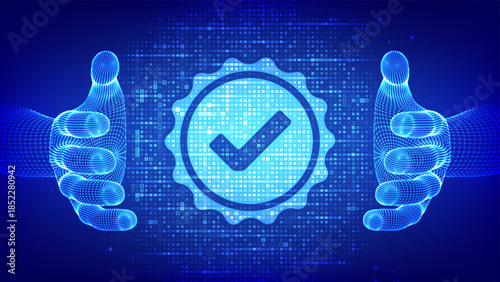 Quality icon made with currency symbols in hands. ISO standards quality control assurance warranty. ISO standardization certification. Dollar, euro, yen, pound currency signs background. Vector.