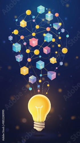 Creative ideas and interconnected concepts emerging from a light bulb, symbolizing innovation and problem-solving in a digital network.