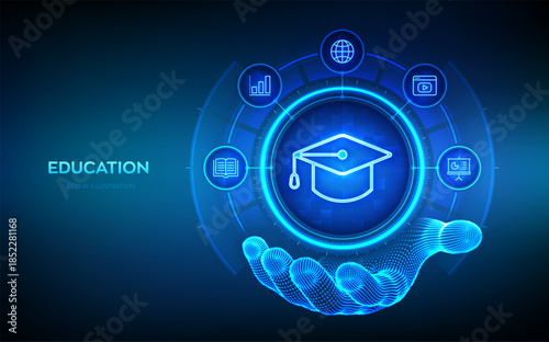 Education. Innovative online e-learning and internet technology concept. Education icon in wireframe hand. Webinar, teaching, online training courses. Skill development. Vector illustration.
