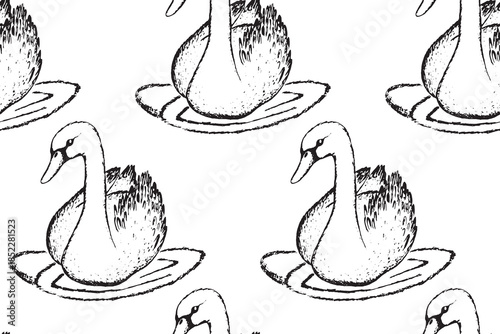 Seamless pattern with funny swan birds. Flat vector illustration with cartoon bird silhouette. Cute characters. Design for invitation, poster, card, textile, fabric.