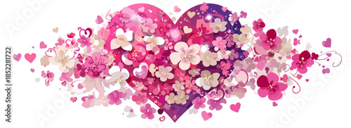 사랑스러운 하트 모양에 분홍색 꽃과 하트가 어우러진 아름다운 배경