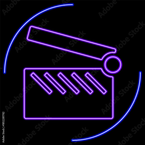 clip clapper neon sign, modern glowing banner design, colorful modern design trends on black background. Vector illustration.