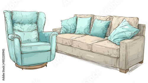 편안한 거실 가구, 부드러운 청록색 쿠션이 놓인 베이지색 소파와 윙체어