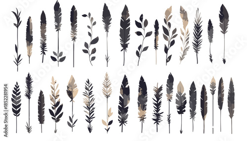 다양한 식물과 깃털 모양의 일러스트가 투명한 배경에 모여 있는 모습