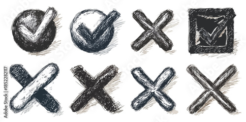 투명한 배경에 펜으로 그린 긍정 및 부정 기호, 체크 표시와 엑스 표시
