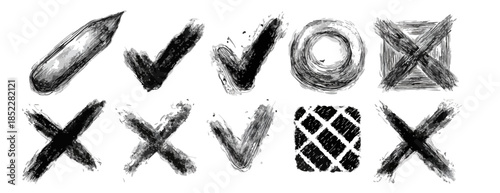 체크, 엑스, 동그라미, 격자 등 다양한 기호가 붓터치로 그려진 흑백 일러스트