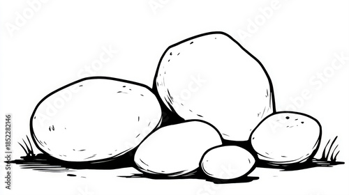 Minimalist Black and White Line Art Illustration of Large Smooth River Rocks and Stones on Ground Isolated on White Background Simple Nature Sketch for Coloring Book Design and Zen Graphic Elements