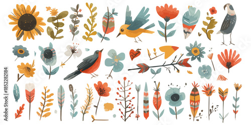 다양한 보헤미안 스타일의 꽃, 새, 깃털, 화살표 일러스트 요소 모음