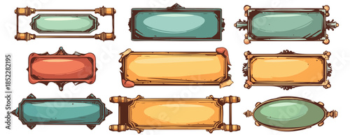 다양한 스타일의 게임 UI 버튼과 프레임 디자인, 투명한 배경에 배치된 판타지 요소들