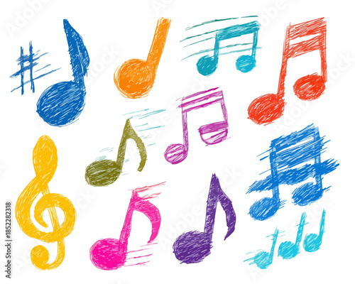 다채로운 색상의 음표와 높은음자리표가 자유롭게 떠다니는 모습, 음악적 영감과 창의성을 표현합니다.