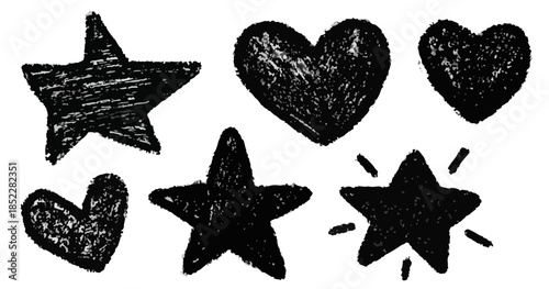 검정색 하트와 별 모양 아이콘 세트, 흰색 배경에 투명한 느낌의 손그림 일러스트