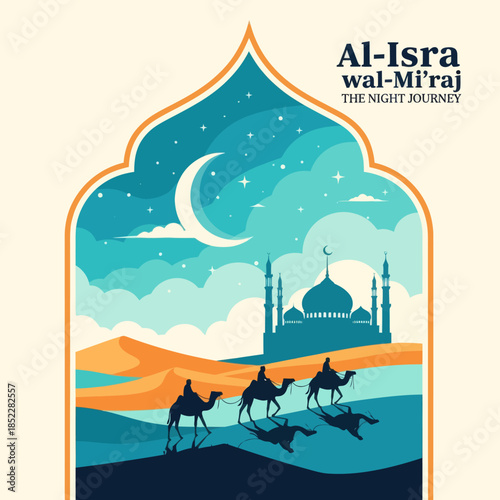Al Isra wal Mi’raj illustration featuring camel riders crossing desert dunes toward a mosque under a crescent moon night sky. Elegant flat Islamic artwork for religious events, posters, and education.
