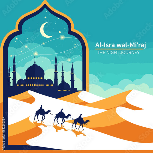 Al Isra wal Mi’raj illustration featuring camel riders crossing desert dunes toward a mosque under a crescent moon night sky. Elegant flat Islamic artwork for religious events, posters, and education.