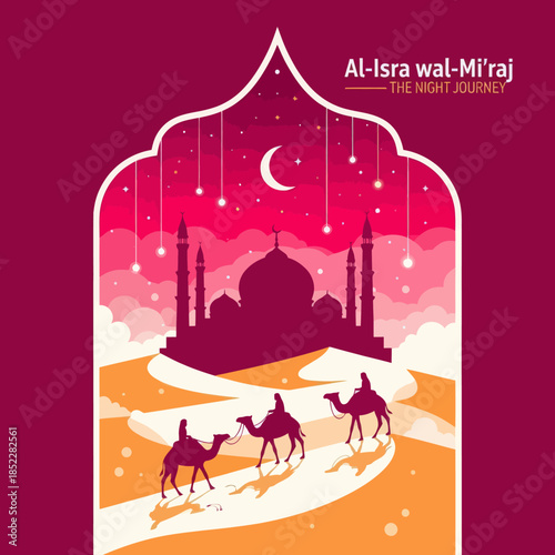 Al Isra wal Mi’raj illustration featuring camel riders crossing desert dunes toward a mosque under a crescent moon night sky. Elegant flat Islamic artwork for religious events, posters, and education.