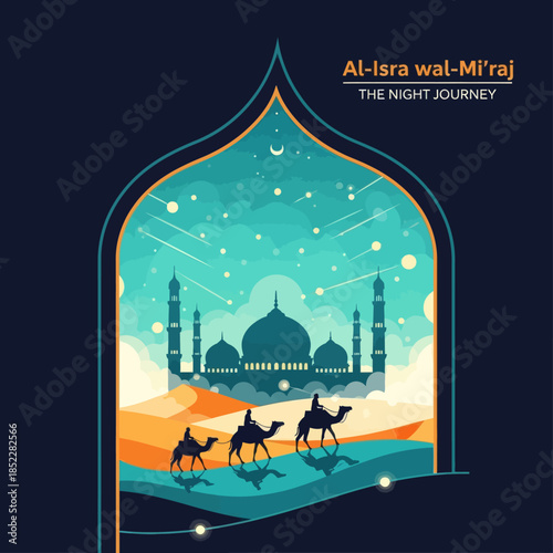 Al Isra wal Mi’raj illustration featuring camel riders crossing desert dunes toward a mosque under a crescent moon night sky. Elegant flat Islamic artwork for religious events, posters, and education.