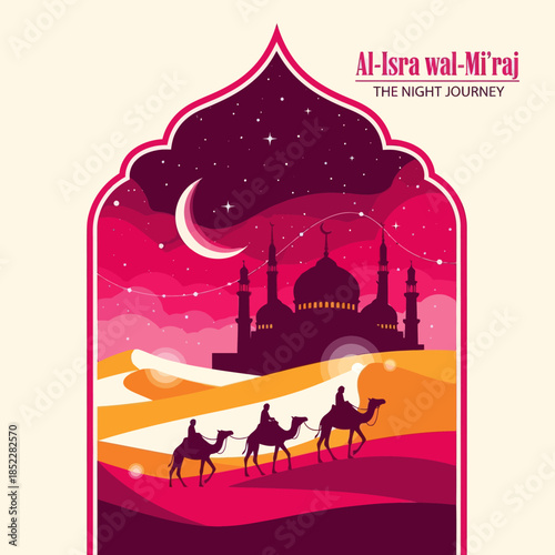 Al Isra wal Mi’raj illustration featuring camel riders crossing desert dunes toward a mosque under a crescent moon night sky. Elegant flat Islamic artwork for religious events, posters, and education.
