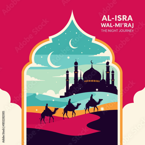 Al Isra wal Mi’raj illustration featuring camel riders crossing desert dunes toward a mosque under a crescent moon night sky. Elegant flat Islamic artwork for religious events, posters, and education.