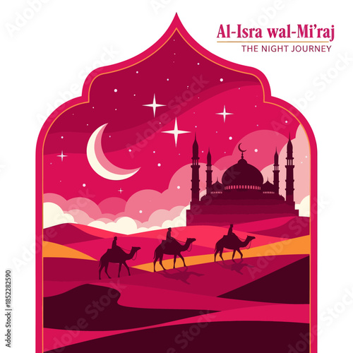 Al Isra wal Mi’raj illustration featuring camel riders crossing desert dunes toward a mosque under a crescent moon night sky. Elegant flat Islamic artwork for religious events, posters, and education.