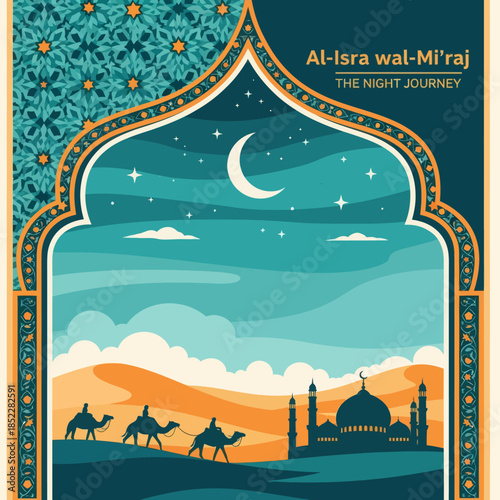 Al Isra wal Mi’raj illustration featuring camel riders crossing desert dunes toward a mosque under a crescent moon night sky. Elegant flat Islamic artwork for religious events, posters, and education.